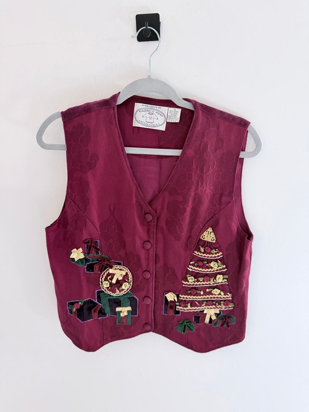 Vintage Eagle's Eye Collectibles Maroon Velvet Christmas Appliqué Vest-Size M